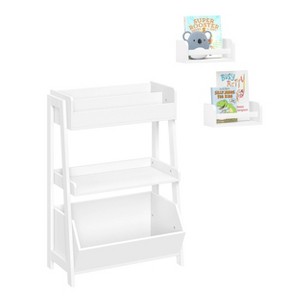 RiverRidge Kids' 3-Tier Ladder Shelf Toy Organizer, Bookshelf with rack & Storage Bin White with 2 10" Floating Bookshelves - 1 of 4