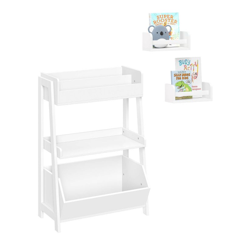 3-Tier Kids&#39; Ladder Shelf with Bookrack Plus 2 Bonus 10&#34; Floating Bookshelves White - RiverRidge Home, 1 of 10