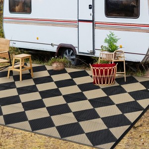 Outdoor patio rug, plastic straw. Waterproof, reversible, modern geometric trellis. For porch, RV, backyard, pool, picnic, beach, camping - 1 of 4