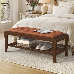 Arceso Bedroom Bench, 49" End of Bed Bench with Shelf, PU Leather Upholstered Entryway Bench with Wooden Legs, Storage Ottoman Bench for Bedroom - 1 of 4