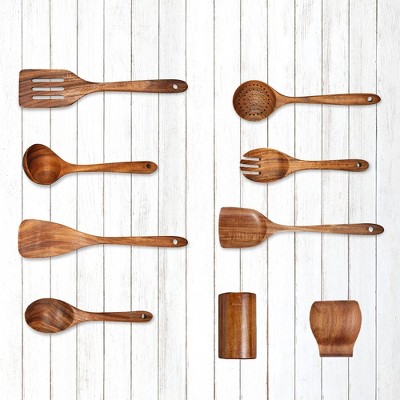 Deluxe 9-Piece Natural Wood Cooking Utensils Set with Holder