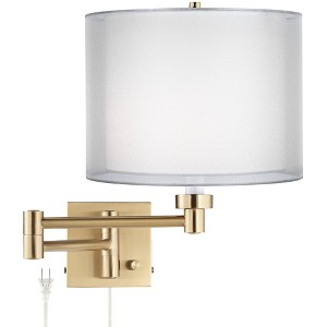 Barnes and Ivy Alta Vintage Swing Arm Wall Lamp Warm Antique Brass Plug-in Light Fixture Double Sheer Silver White Drum Shade for Bedroom Bedside Home - 1 of 4