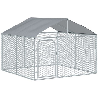 PawHut Outdoor Metal Dog Kennel, Pet Playpen with Steel Lock, Mesh Sidewalls and Cover for Backyard & Patio