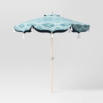 7.5'x7.5' Decorative Trim Scalloped Outdoor Market Umbrella Blue - Opalhouse™ designed with Jungalow™