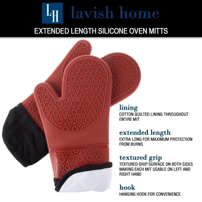 Silicone Oven Mitts  Extra Long Professional Quality Heat Resistant with Quilted Lining and 2-sided Textured Grip  1 pair Dark Red by Lavish Home, 4 of 7