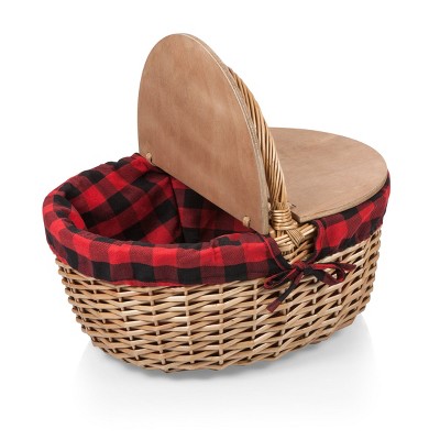 Navy Blue and White Stripe Wicker Picnic Basket with Wooden Lid