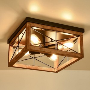 KTMBDW 4-Light Retro Flush Mount Ceiling Light Fixture, Rustic Vintage Wood Ceiling Light, Industrial Farmhouse Ceiling Lamp for Living Room, Black - 1 of 4