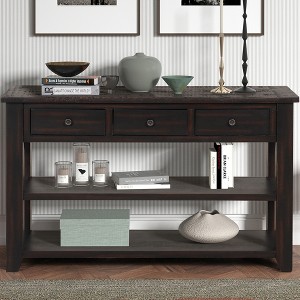 Solid Pine Wood Top Console Table, Modern Entryway Sofa Side Table with 3 Storage Drawers and 2 Shelves - 1 of 4