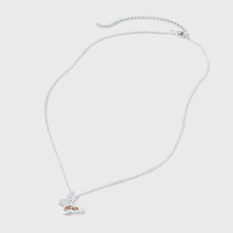 Silver Plated Two Tone &#34;Mom&#34; Cubic Zirconia Butterfly Pendant Necklace - Silver/Rose Gold, 3 of 5