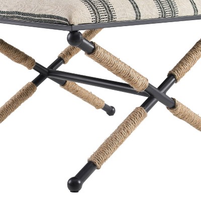 BoHo Black Stripe Cushioned Accent Stool with Rope-Wrapped Metal Legs