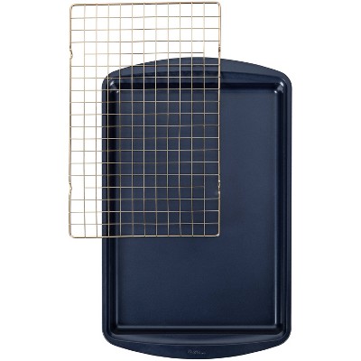 Wilton 2pc Diamond-Infused Non-Stick Large Cookie Sheet with Cooling Rack Navy Blue/Gold