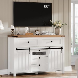 Farmhouse Buffet Cabinet, Sideboard Storage Cabinet with 5 Drawers and Sliding Barn Doors, Wood Coffee Bar Table with Adjustable Shelf - 1 of 4
