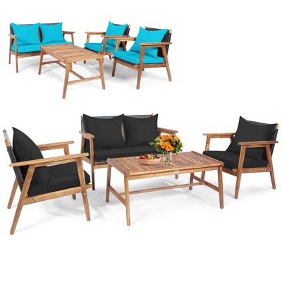 Tangkula 4PCS Patio Conversation Set Wood Frame Furniture Set w/ Turquoise & Black Cushions