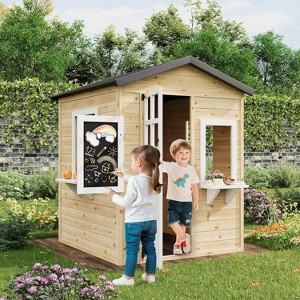 Wooden Playhouse for Kids Outdoor with Chalkboard,Wooden Kids Playhouse Cottage with Windows - 1 of 4