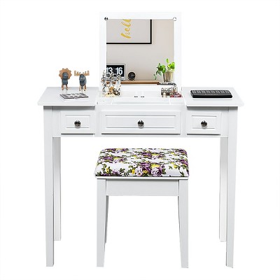 Tangkula Makeup Table Set w/Cushioned Stool for Girl Women Vanity Dressing Table Set White
