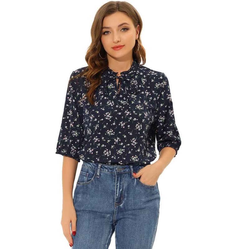 Allegra K Women's Ditsy Floral Tie Neck Puff Short Sleeve Ruffle Blouse Top, 1 of 6