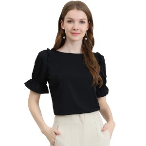 INSPIRE CHIC Women's Round Neck Puff Short Sleeves Solid Color Blouses - 1 of 4
