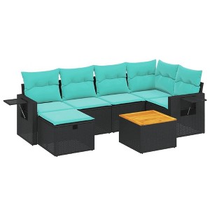 vidaXL 7 Piece Patio Sofa Set with Cushions Black Poly Rattan - Black without storage - 1 of 4
