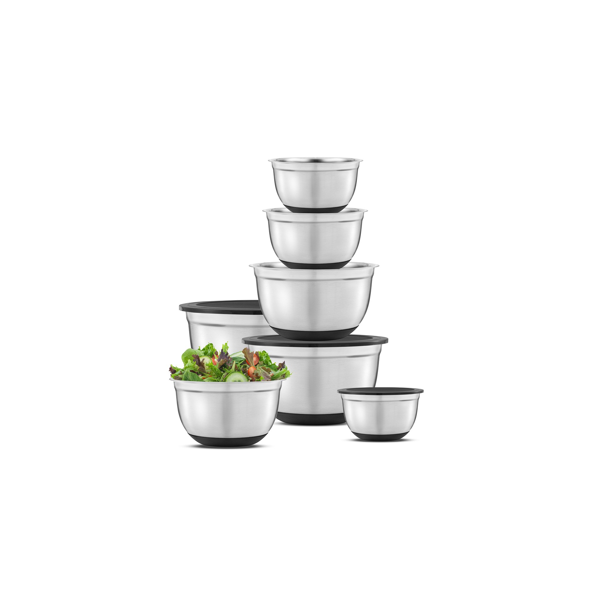 JoyJolt Stainless Steel Mixing Bowls with Silicone Base & Lids - Set of 7 - Silver/Black