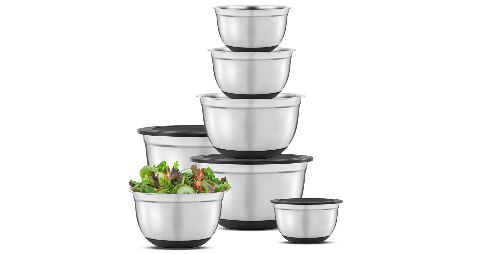 JoyJolt Stainless Steel Mixing Bowls with Silicone Base & Lids - Set of 7 - Silver/Black
