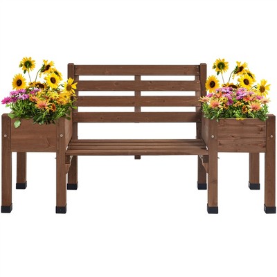 Yaheetech 2 in 1 Outdoor Solid Wood Double-bench for Patio Backyard Brown