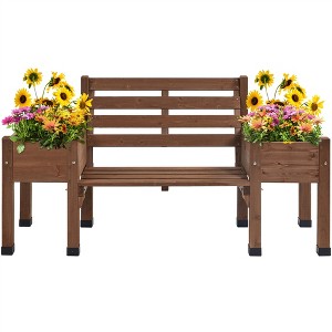 Yaheetech 2 in 1 Outdoor Solid Wood Double-bench for Patio Backyard Brown - 1 of 4
