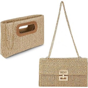 Woven Straw Purses with Metal Chain | Beach Bag for Women | Dual Package for Wedding, Party, Vacation & Evening Events - 1 of 4