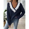 Coolmee Women's V Neck Sweaters Long Sleeve Lightweight Knit Pullover Tops with Decorative Buttons - 3 of 4