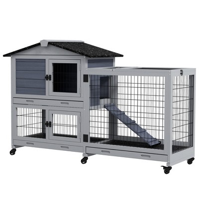 PawHut Rabbit Hutch Outdoor with Wheels Run 3 Removable Trays Ramp Size 59.8 x 20.9 x 39.2 Gray