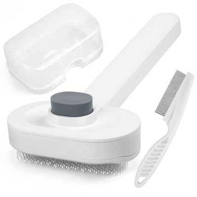 Prime Pets Cat Self Cleaning Slicker Brush, Shedding Brush for Pets Dog Kitten Bunny with Flea Comb and Storage Box