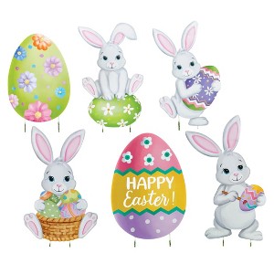 Collections Etc Happy Easter Colorful Eggs and Bunnies 6-Piece Garden Stake Set - 1 of 2