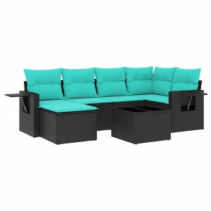 vidaXL Patio Sofa Set Black Rattan, Blue Cushions - Black and Blue With Table - 1 of 4