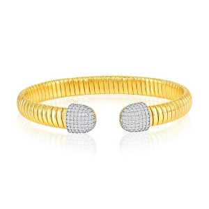 Bella Silver Sterling Silver, Polished Lined Pave CZ Bangle- Gold Plated - Gold - 1 of 2