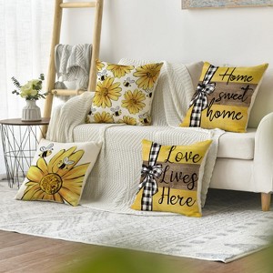 Velvet Home Sweet Home Bee Sunflower Throw Pillow Covers, 18 x 18 Inch Love Lives Here Spring Summer Stripes - 1 of 4