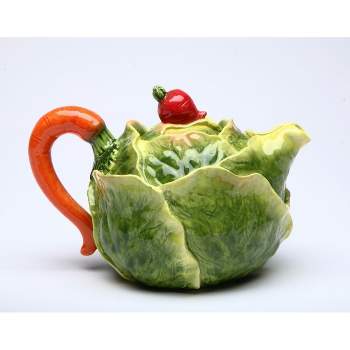 Kevins Gift Shoppe Ceramic Cabbage Teapot with Carrot Stick Lid