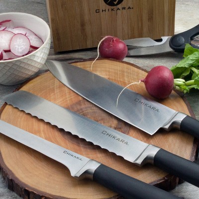 Chikara Series 8 Inch Bread Knife: Serrated Stainless Steel Blade, Resin Handle, Hand Wash, Light Silver