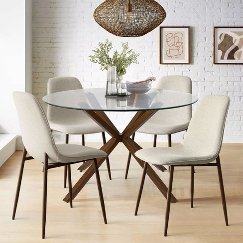 Round glass top dining on sale table set 4 chairs