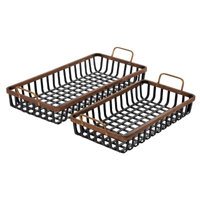 Set of 2 Woven Bamboo Tray with Metal Handles Black/Brown - Olivia & May