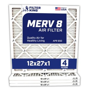 Filter King 12x27x1 Air Filter | 4-PACK | MERV 8 HVAC Pleated A/C Furnace Filters | MADE IN USA | Actual Size: 11.5 x 26.5 x .75" - 1 of 4
