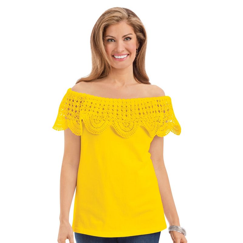 Collections Etc On-Off Shoulder Scalloped Crochet Short Sleeve Top, 2 of 5