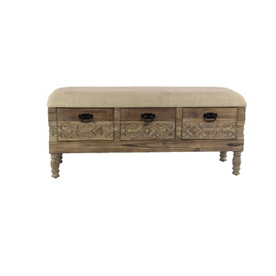 Carved Wood and Upholstered Storage Bench with Drawers Brown - Olivia & May