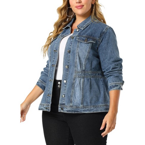 Agnes Orinda Women's Plus Size Classic Denim Washed Front Long Sleeve Jean  Jackets Blue 1X