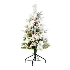National Tree Company 3ft Pre-Lit Feel Real Frosted Pencil Slim Colonial Artificial Christmas Tree, White Poinsettias, White Berries, Multicolor - 1 of 1