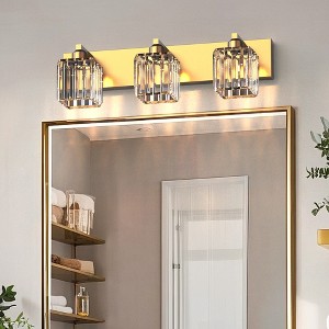 DORESshop Modern 3-Light LED Vanity Light Brushed Gold Bathroom Wall Sconce with Square Crystal Shades for Bathroom Bedroom and Mirror Lighting - 1 of 4