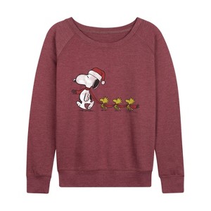 Women's - Peanuts - Christmas Snoopy & Woodstock Lightweight French Terry Wide Neck Long Sleeve Graphic Shirt - 1 of 4