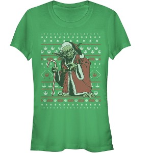 Juniors Womens Star Wars Ugly Christmas Santa Yoda T-Shirt - 1 of 3