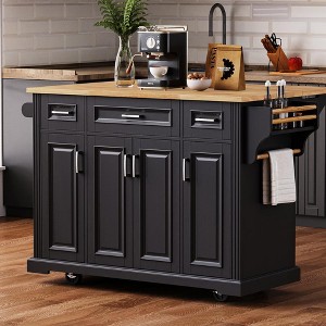 YOOCOZZ 54" Rustic Rolling Kitchen Island with Rubber Wood Drop Leaf, Large Storage Drawers and Cabinets - 1 of 4