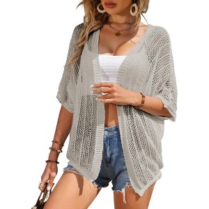 Womens Short Sleeve Cardigan Beach Cover Up Hollow-Out Sweater Cardigan Batswing Sleeve Cover Up Lightweight Cardigan - 1 of 4