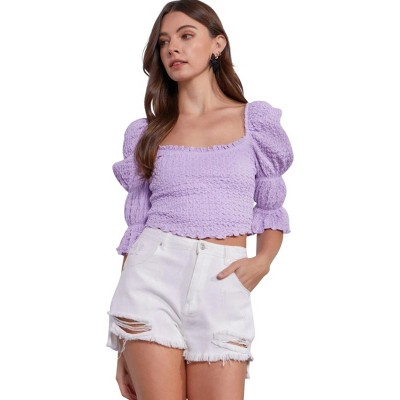 Slickblue Crinkle Texture Scoop Neck Crop Top, Puff Sleeves, Women’s Casual Top, Lemonade/Lavender, Size S/M/L
