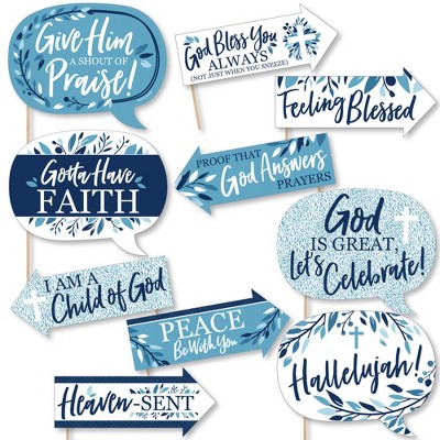 Big Dot of Happiness Funny Blue Elegant Cross - Boy Religious Party Photo Booth Props Kit - 10 Piece